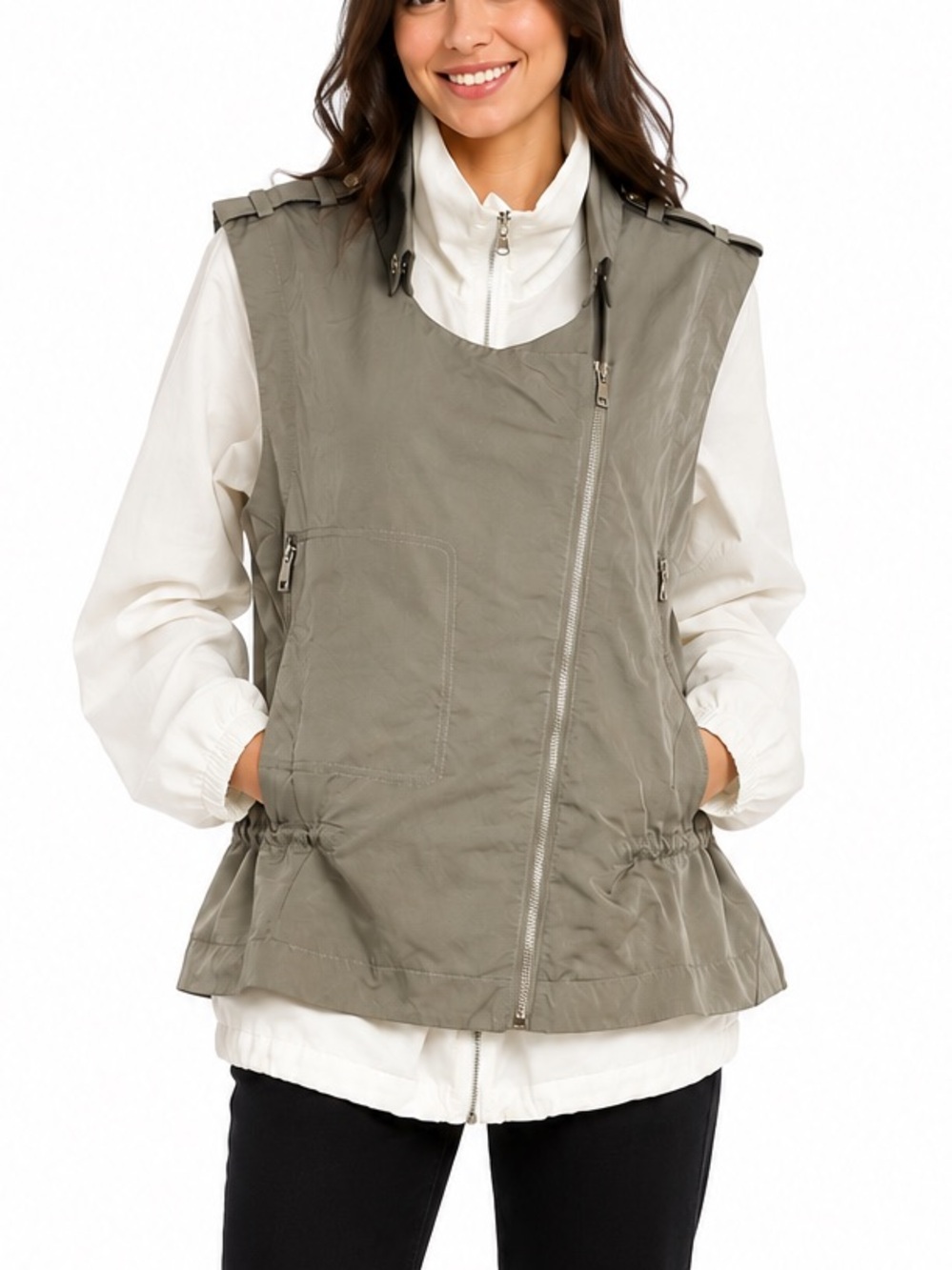 Light Olive Utility Vest with Asymmetrical Zip